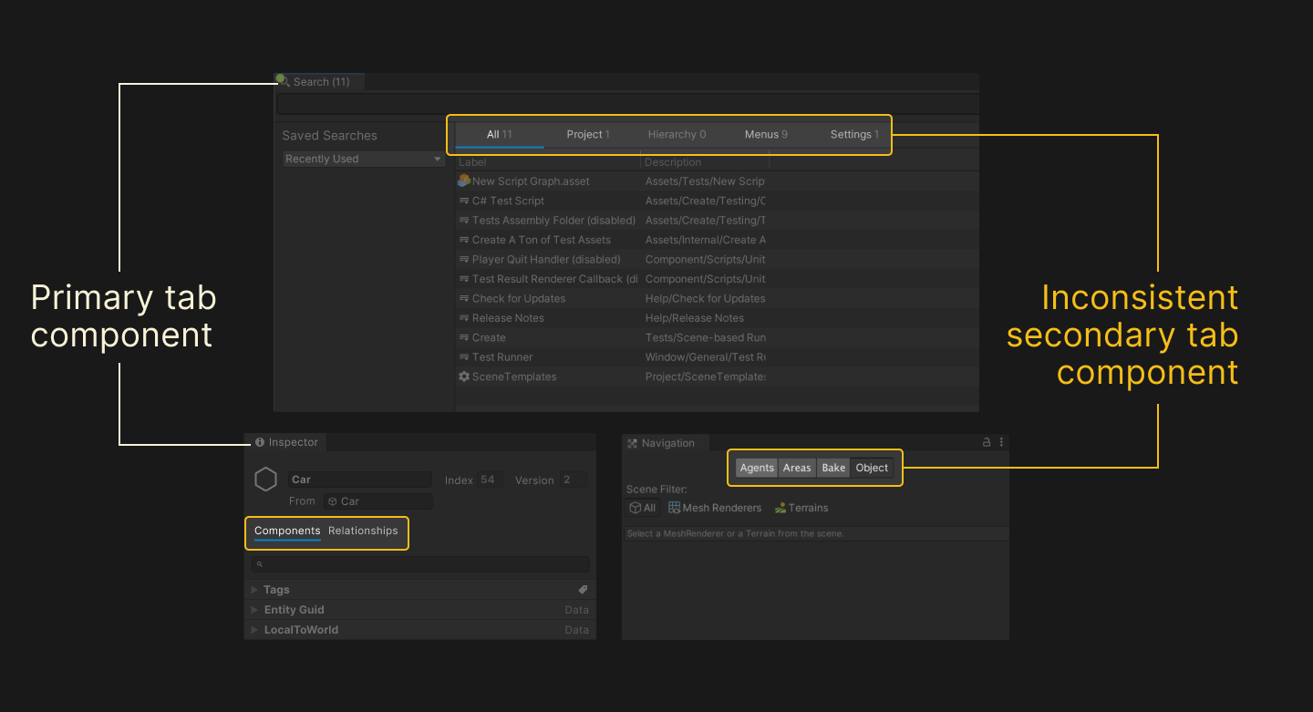 Screenshot of parts of the Unity Editor showing inconsistent tab UI component in multiple product areas.